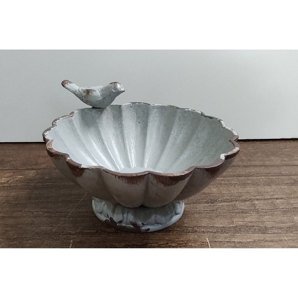 Gray Bird Perched on Distressed Pewter Bowl Decorative B8